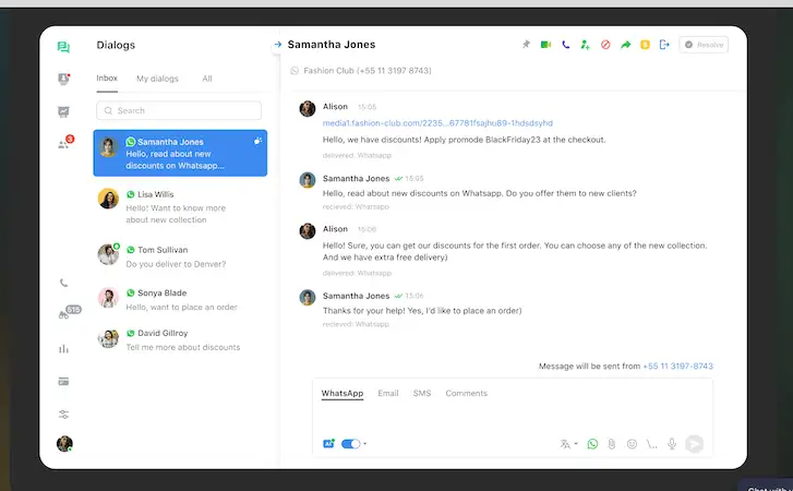 A business dashboard interface showing a WhatsApp conversation between a customer and a representative from Fashion Club, discussing a Black Friday promotion and order placement, with options to reply via WhatsApp, email, SMS, or comments.