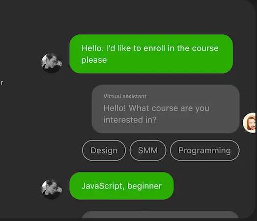 WhatsApp automation for business - chatbot Chat conversation between a user and a virtual assistant. The user asks to enroll in a course. The assistant replies asking which course they’re interested in, offering options like Design, SMM, and Programming. The user responds with "JavaScript, beginner."