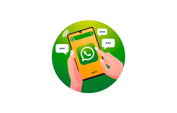 Mão segurando smartphone com WhatsApp aberto e ícones de comunicação em sua volta