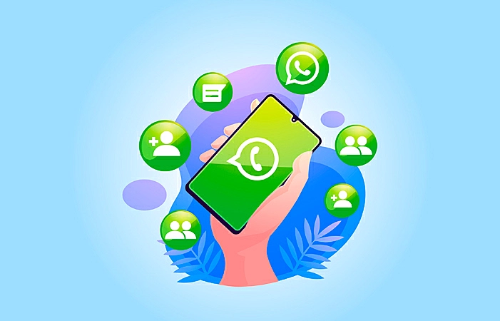 Ilustração de duas mulheres em pé ao lado de um celular com a logo do WhatsApp