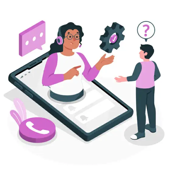 Ilustração de uma mulher saindo de um celular respondendo dúvidas de outra pessoa