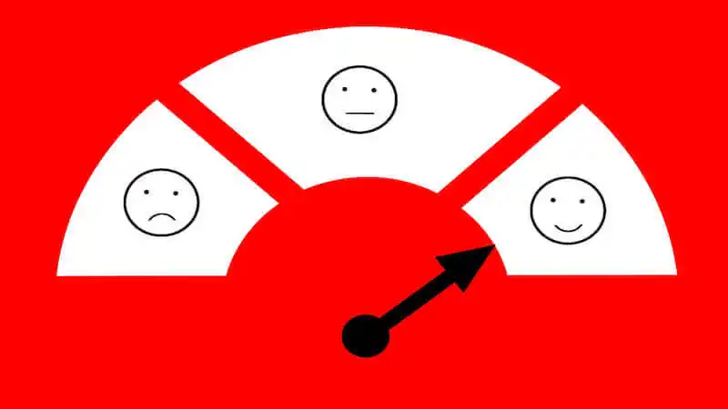 THe image show as scale of satisfactions, with 3 emojis, one with a sad face, the other one with a neutral face, and the last with a happy, there is an arrow pointing to happpy face. 