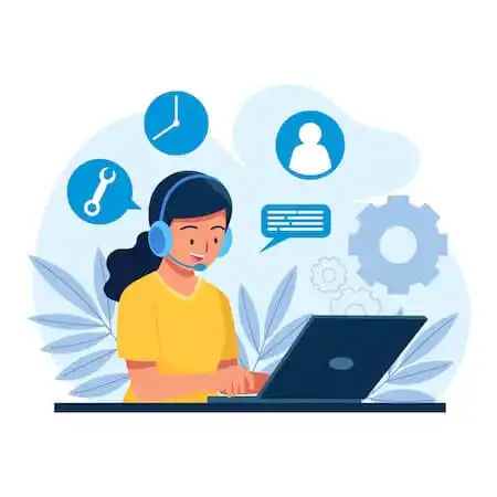 The image shows a woman using a laptop