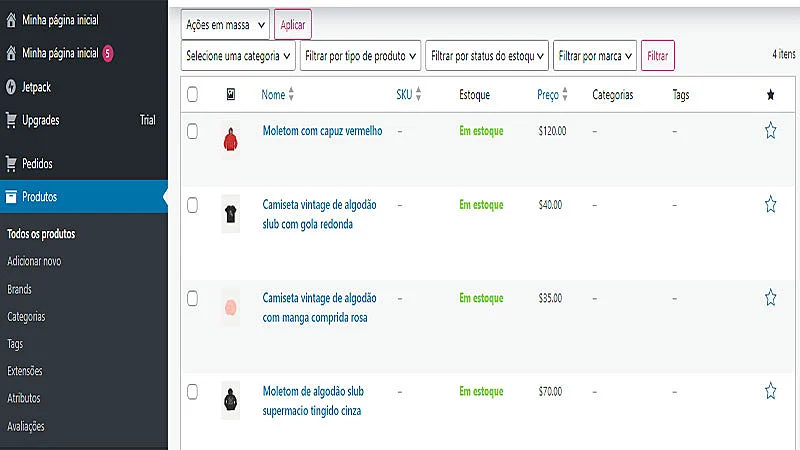 Captura de tela do WooCommerce