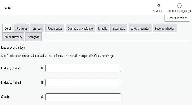 Captura de tela do WooCommerce