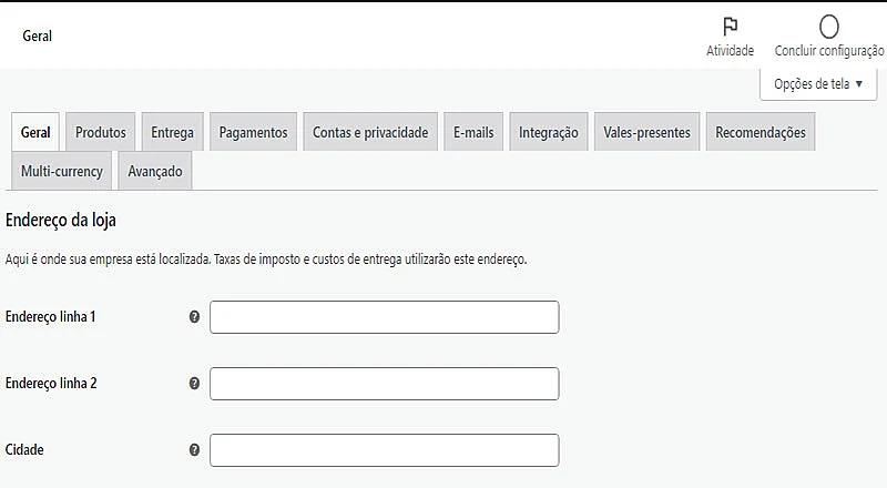 Captura de tela do WooCommerce