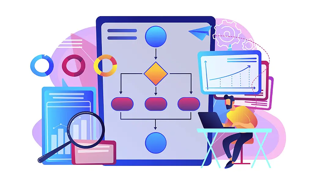 Ilustración de un hombre trabajando en su ordenador y un workflow dibujado en una tableta con gráficos alrededor