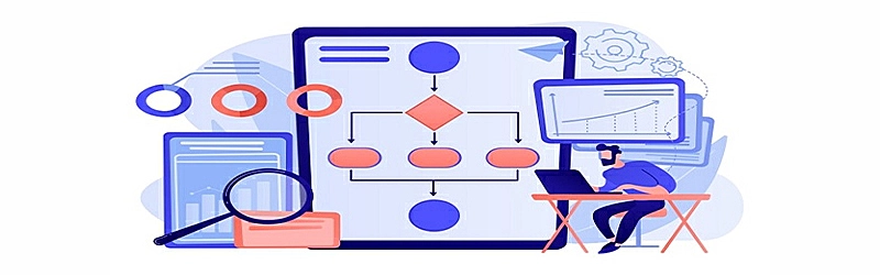 Ilustração de um homem sentado olhando para o computador e vários gráficos e fluxogramas