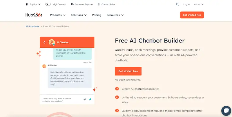 Hubspot chatbot page