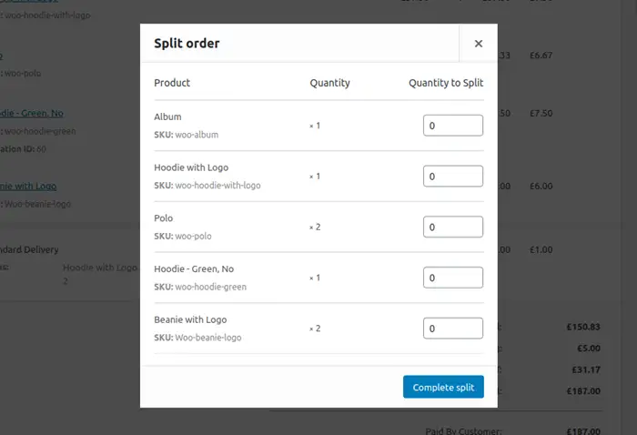 Split Orders interface
