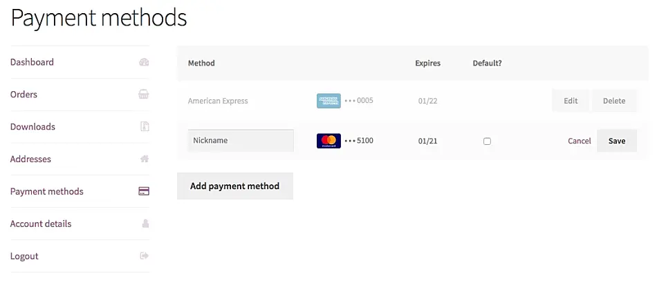 Payment methods page