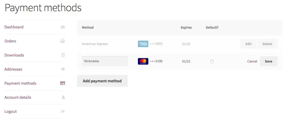 Payment methods page
