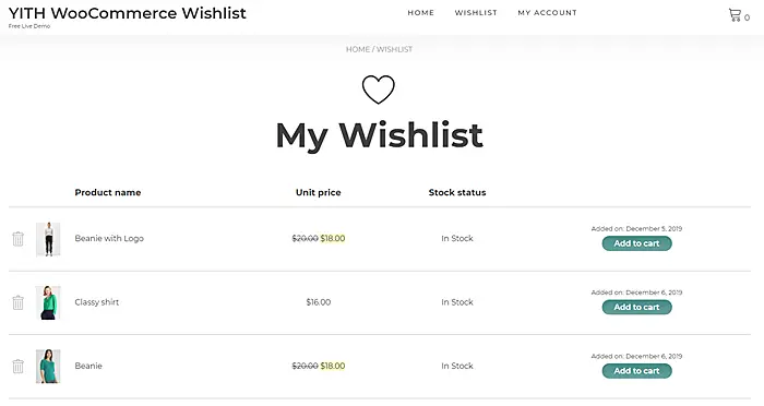 YITH WooCommerce Wishlist interface 