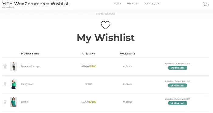 YITH WooCommerce Wishlist interface 
