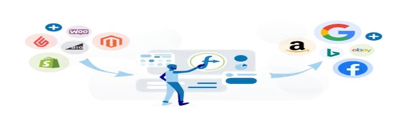 The image shows someone brwsing through a screen, on both sides there are several company logos like Google and Amazon.