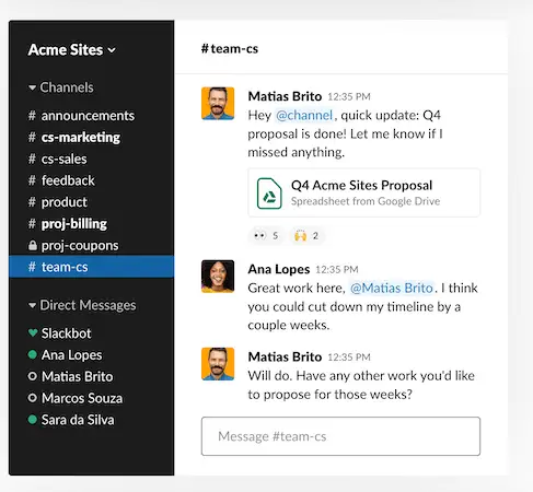 Slack app interface