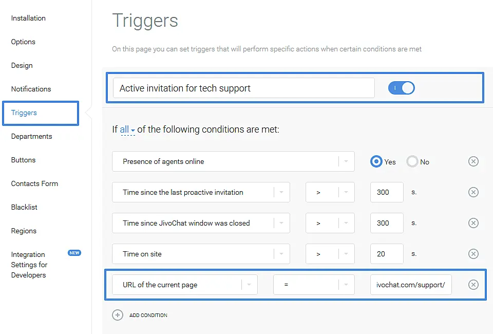 JivoChat trigger settings page