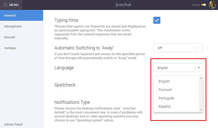 JivoChat app language settings