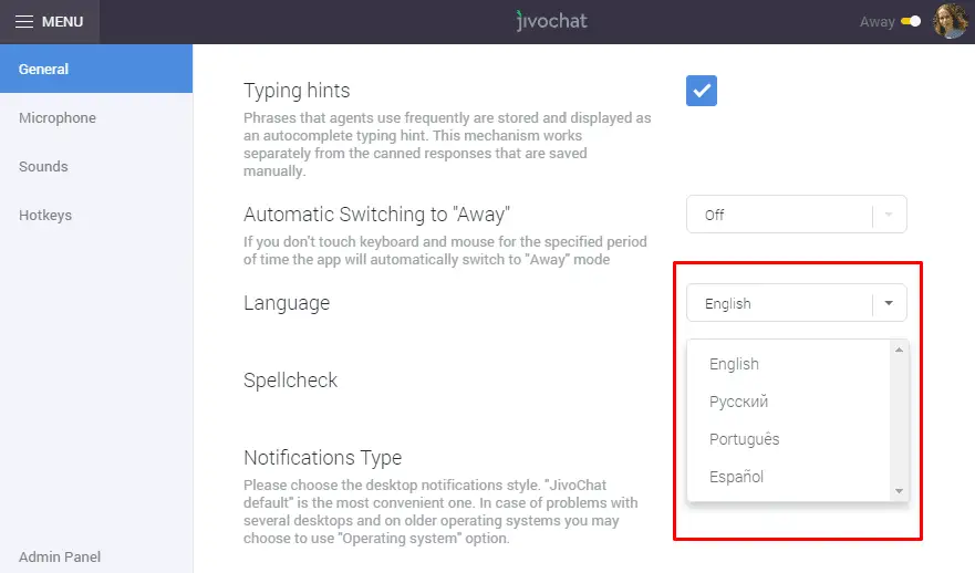 Digital engagement offer multilingual support JivoChat app language settings