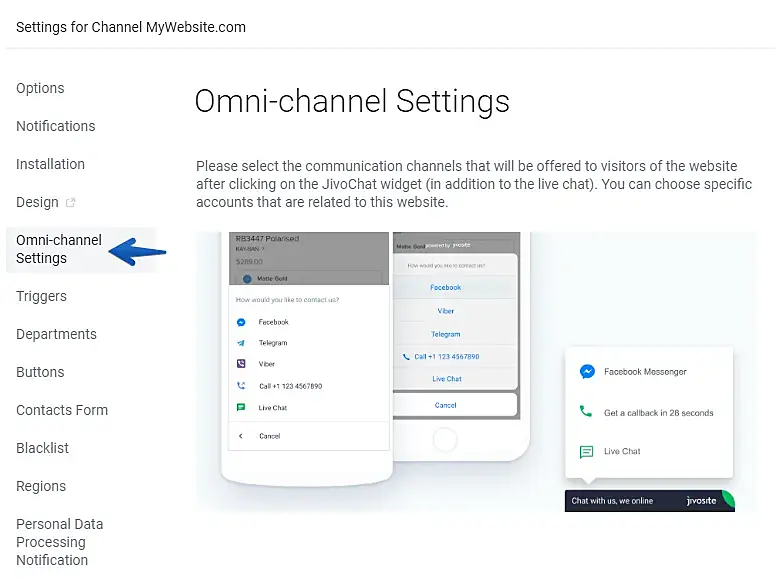 JivoChat ominichannet settings page