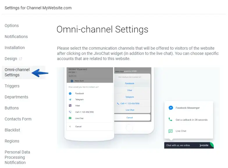 Digital Engagement JivoChat ominichannet settings page