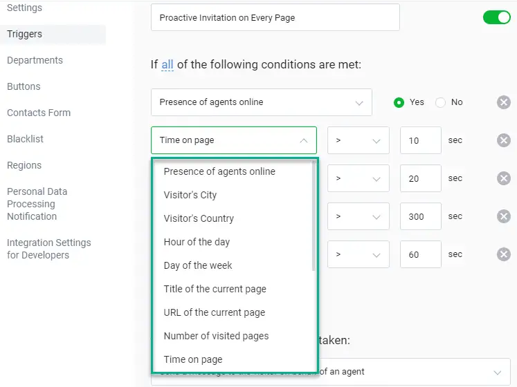Inbound sales - triggers JivoChat trigger menu