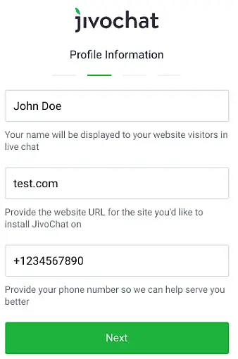 JivoChat profile information form