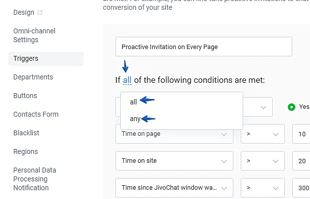 Live chat trigger message settings