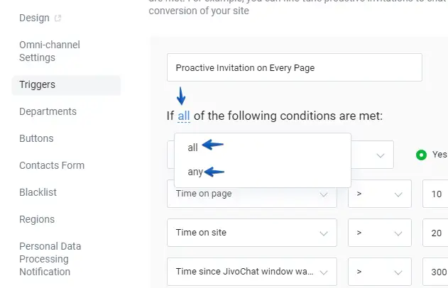 Live chat trigger message settings