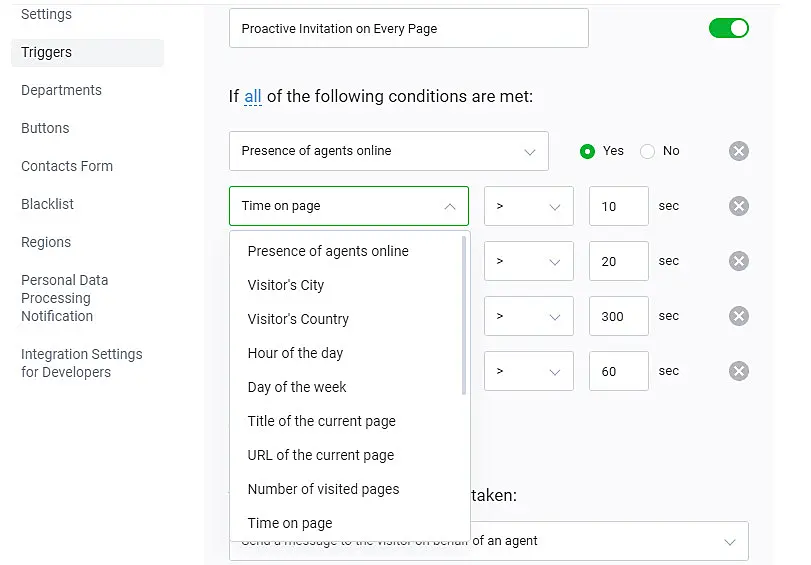 JivoChat app page to set up triggers