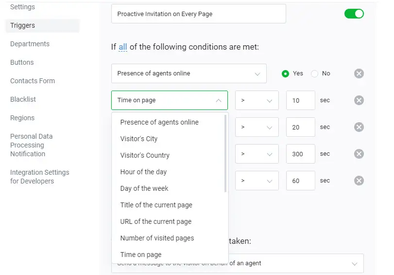 JivoChat app page to set up triggers
