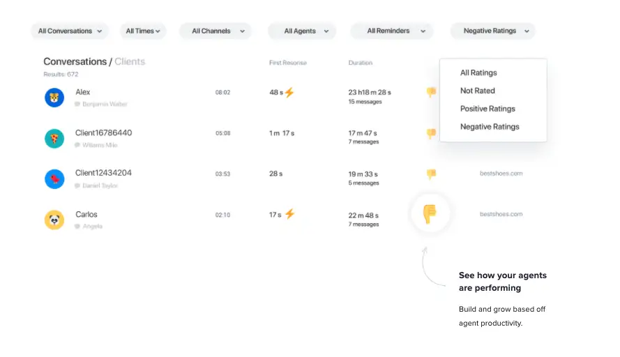 JivoChat app showing list of conversations