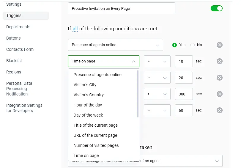 Jivo Chat software page to set up triggers