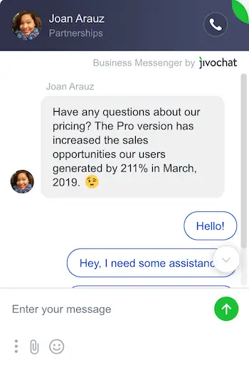Live chat message example