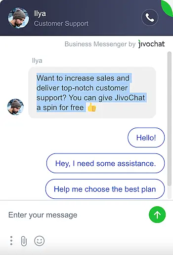 Live chat message example