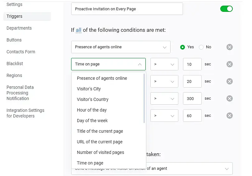 JivoChat app page to set triggers