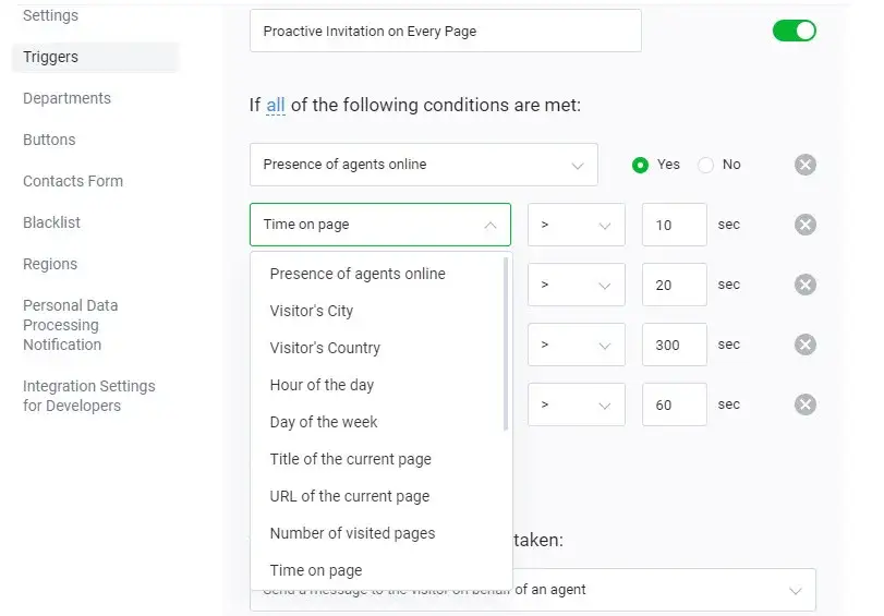 JivoChat app page to set triggers