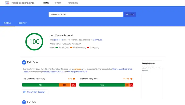 Page speed insights example