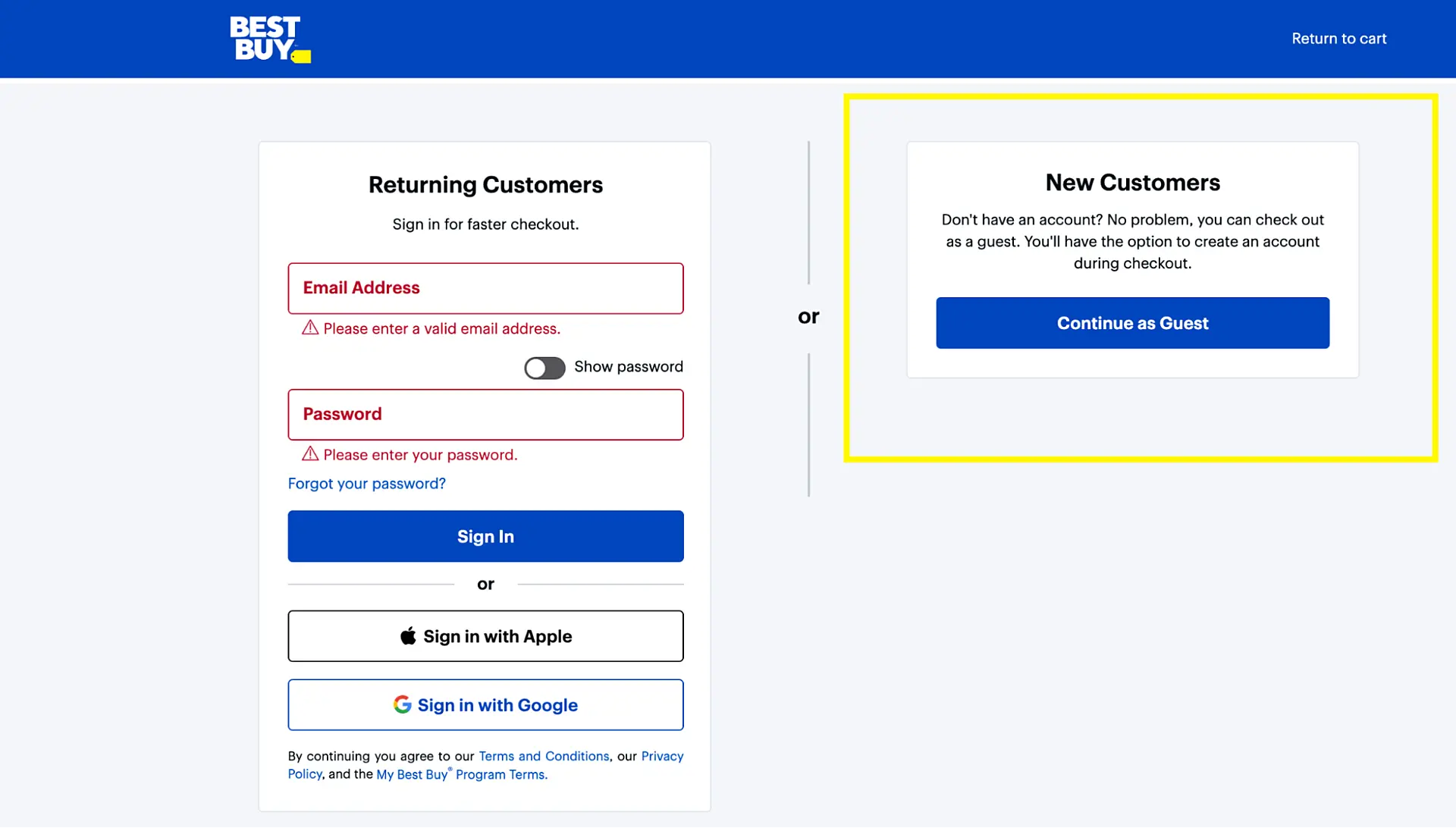 Create an account page
