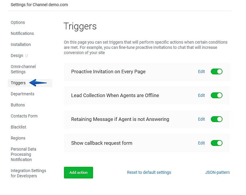 JivoChat software triggers menu