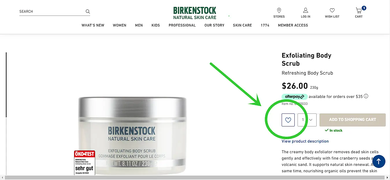 Favorite button in a product page