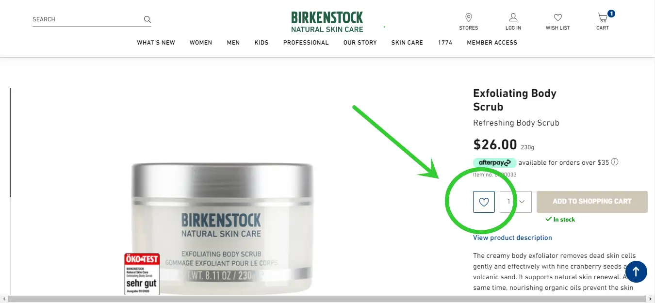 Favorite button in a product page