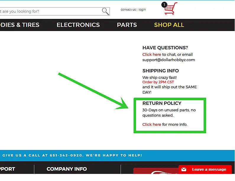 Return policy shown in a website page