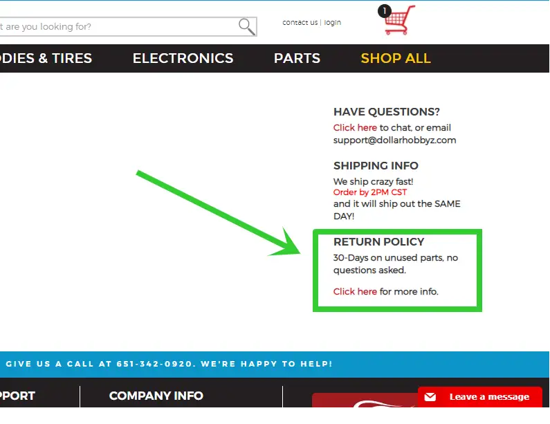 Return policy shown in a website page