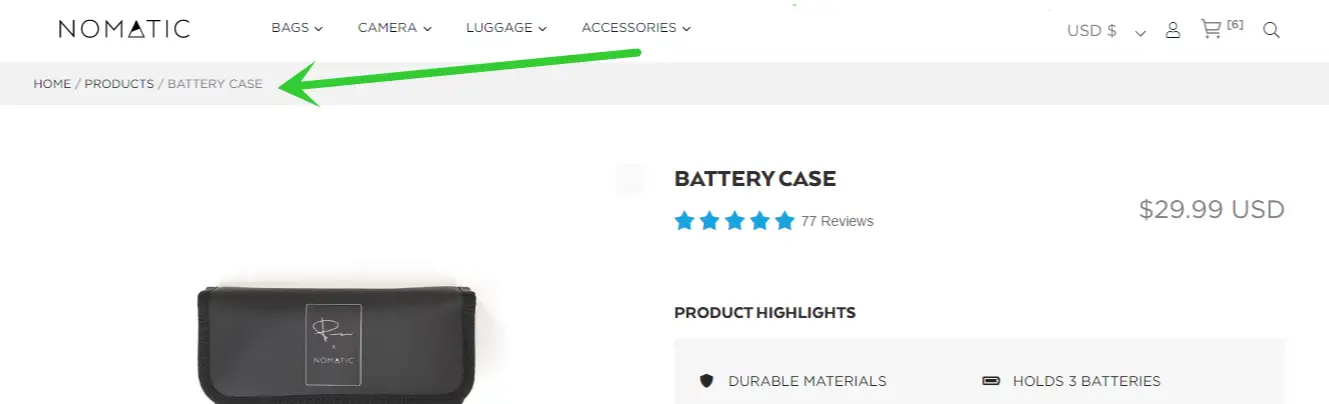 Breadcrumbs example on a website