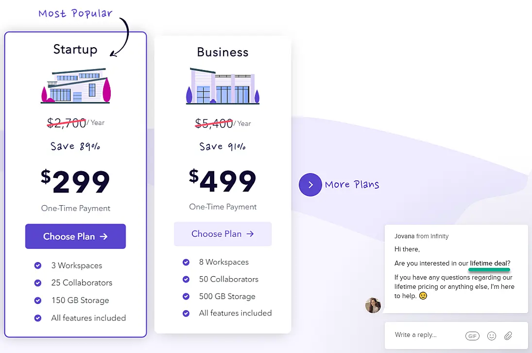 Infinity welcome message example on their pricing page