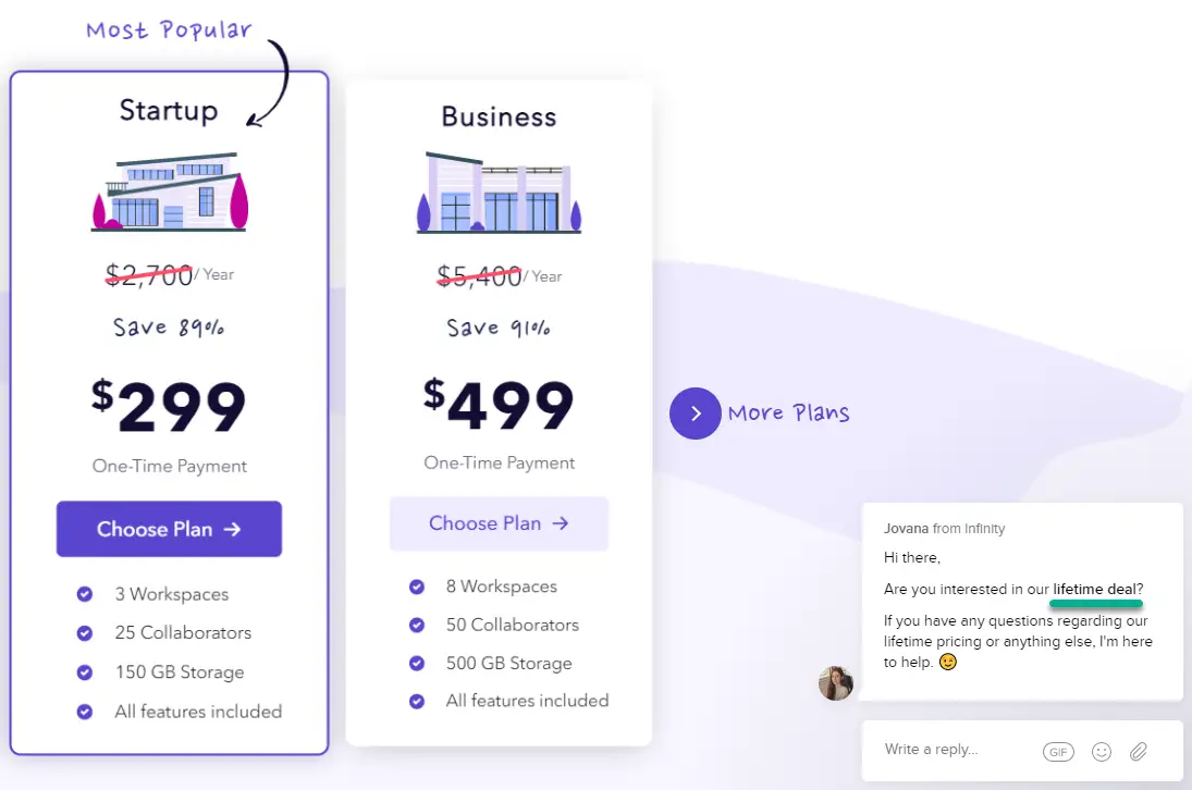 Infinity welcome message example on their pricing page