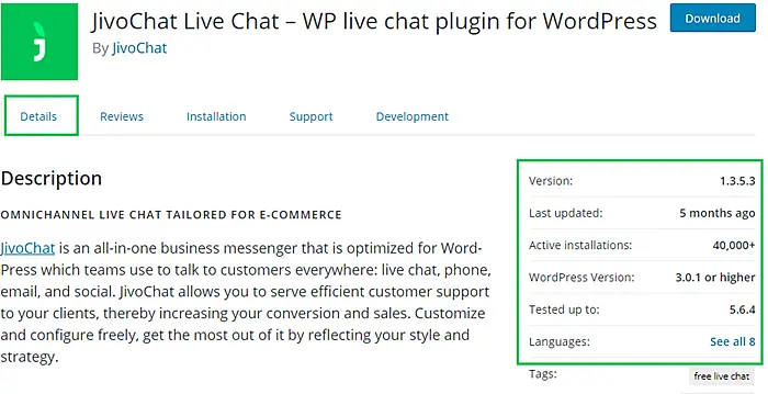 JivoChat WordPress plugin information