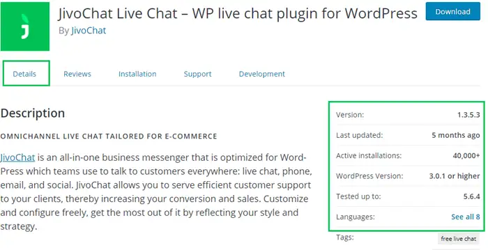 JivoChat WordPress plugin information