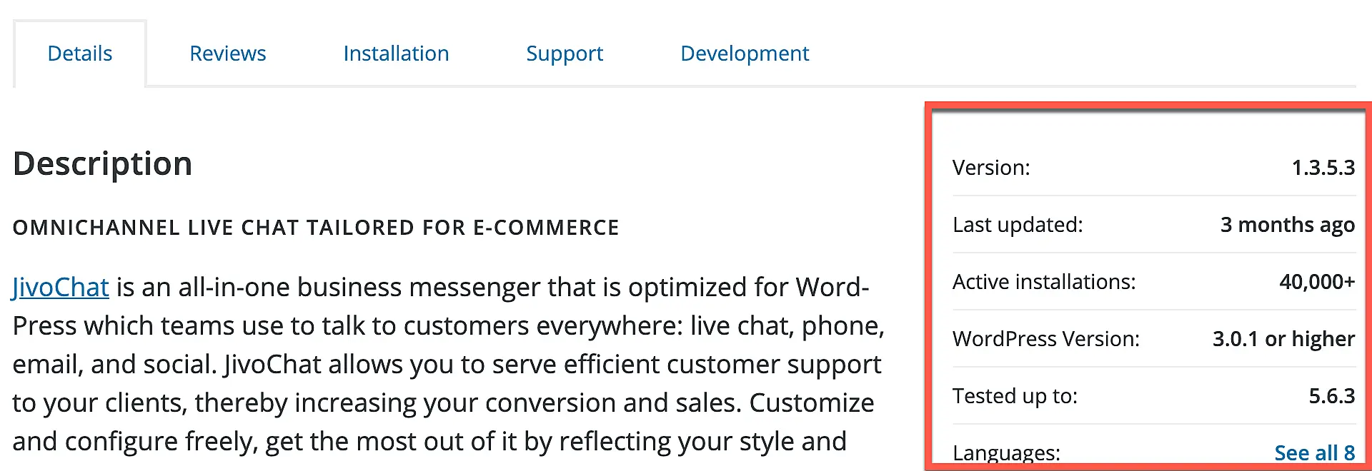 JivoChat plugin page at WordPress